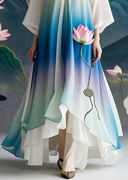 Boutique Gradient Color Lotus Print Chiffon Long Dress Fall
