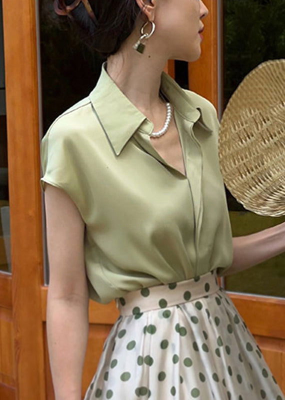 Stylish White Peter Pan Collar Silk Cotton Shirt Short Sleeve