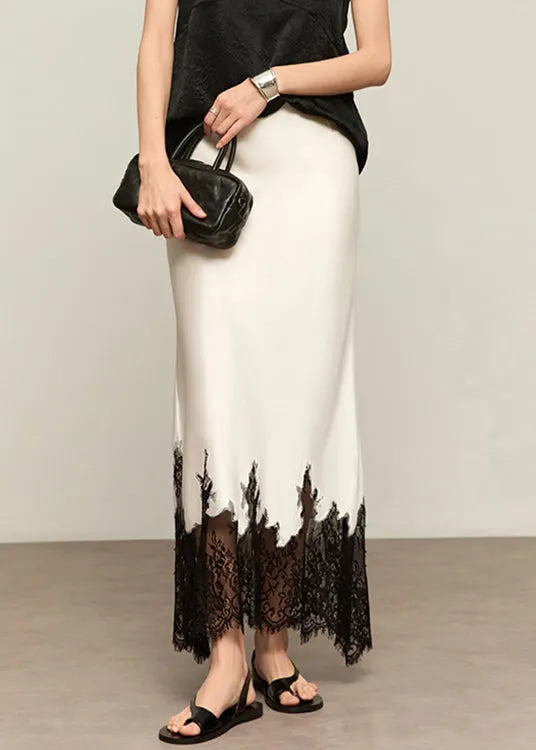 French White Lace High Waist Patchwork Silk Skirts Summer
