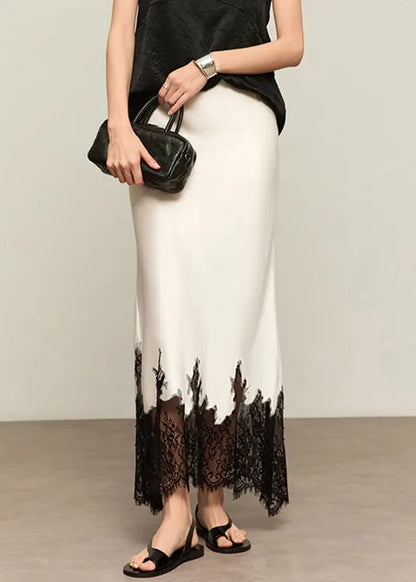 French White Lace High Waist Patchwork Silk Skirts Summer