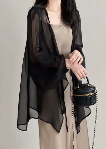 Black Lace Up Thin Chiffon Cardigan Spring