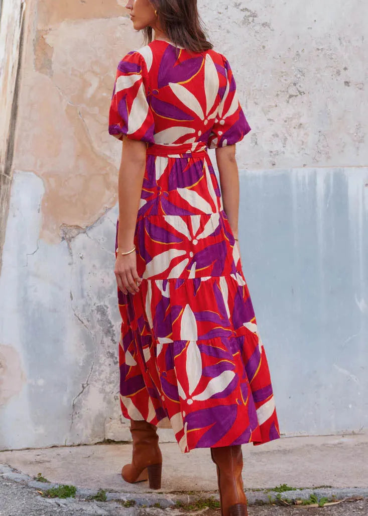 Black V Neck Print Tie Waist Cotton Dress Summer
