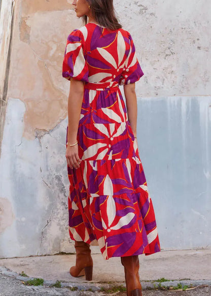 Black V Neck Print Tie Waist Cotton Dress Summer