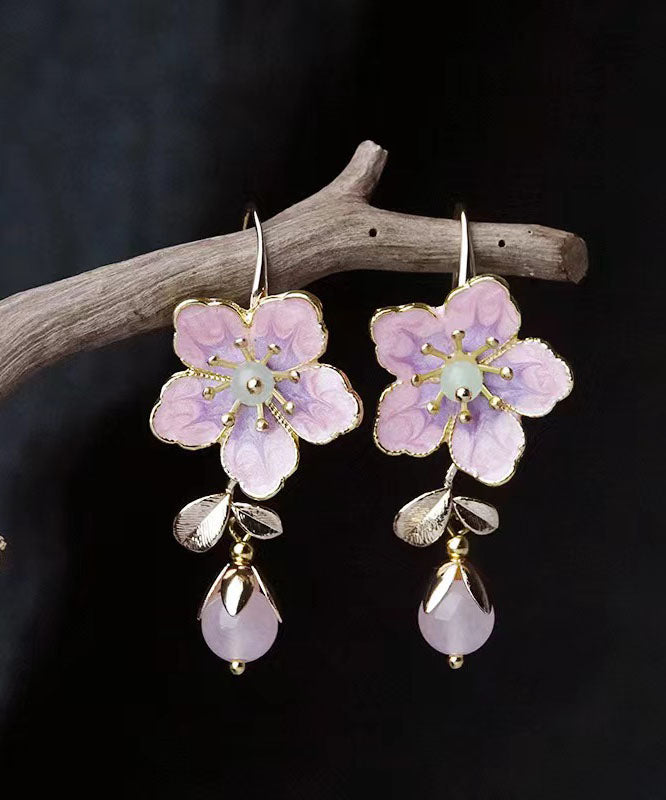 Pink Alloy Inlaid Gem Stone Oil Drip Drop Earrings
