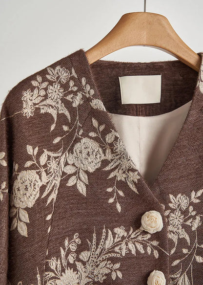 Brown Embroidered Decorated Cotton Jackets Fall