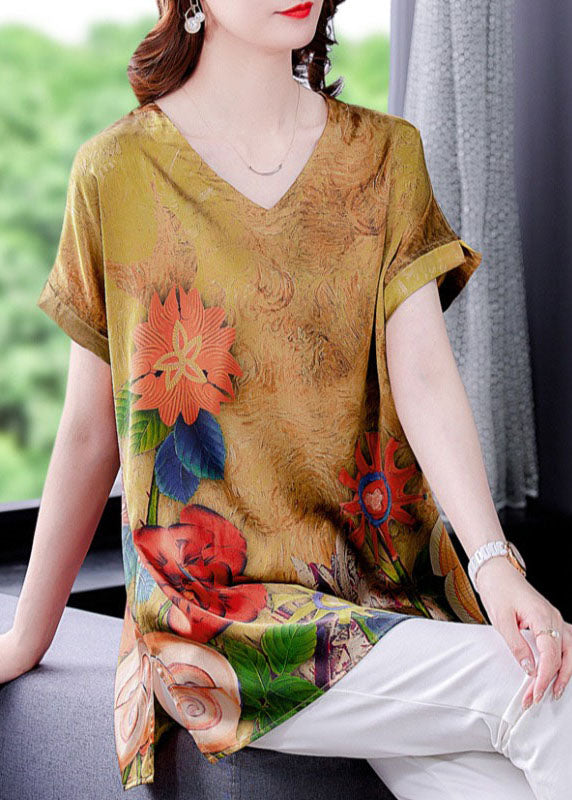 Yellow V Neck Original Design Print Side Open Silk Top Short Sleeve