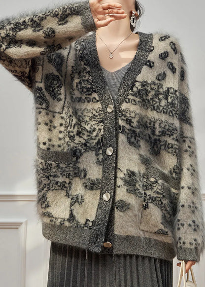 Grey V Neck Print Cotton Knit Cardigan Long Sleeve