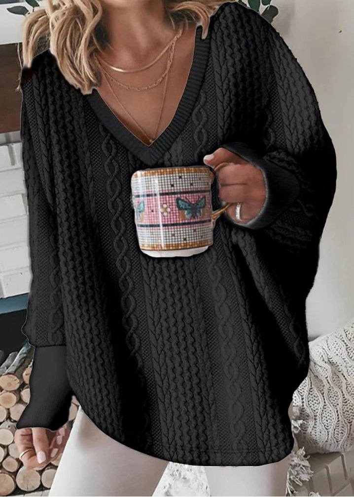 Grey V Neck Patchwork Loose Knit Shirt Top Fall