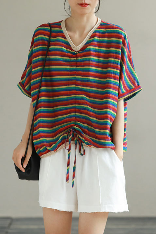 Summer Cotton T-shirt Short Sleeve Striped Tops