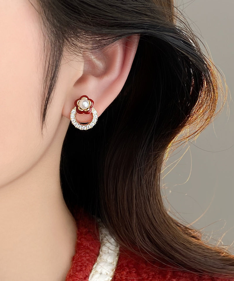 Red Copper Alloy Zircon Camellia Flower Stud Earrings