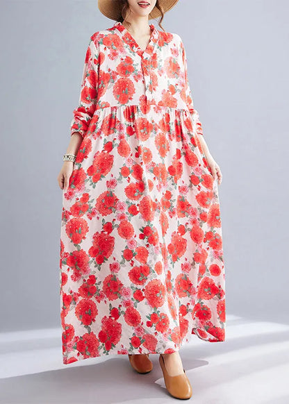 Red Oversized Print Cotton Holiday Dresses Spring