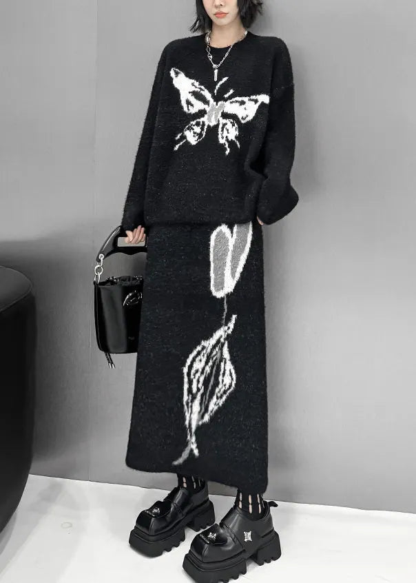 Natural Black O-neck Butterfly Print Cotton Knit Sweater and Maxi Skirts Two Pieces Sets Fall