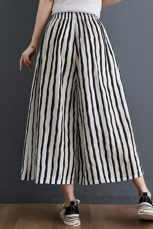 Summer Vertical Stripes Tencel Cotton Wide-leg Cropped Trousers