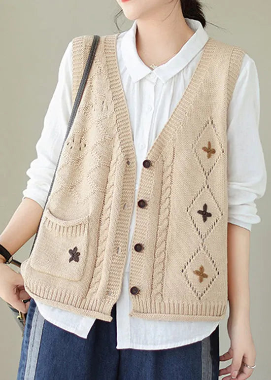 Versatile Beige V Neck Embroideried Knit Vest Fall