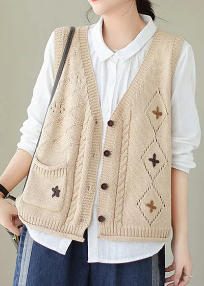 Versatile Beige V Neck Embroideried Knit Vest Fall