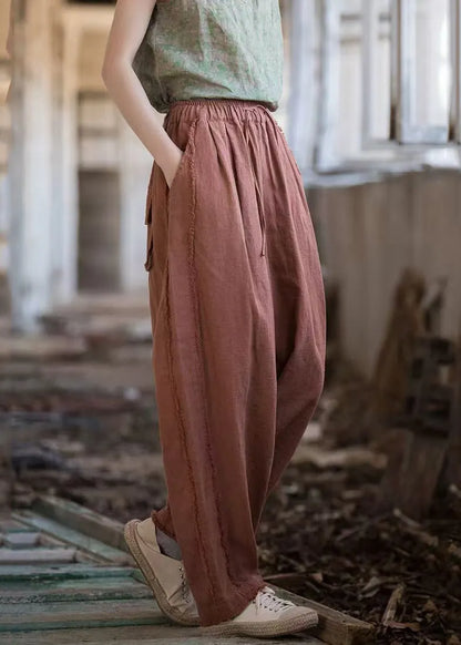 New Brick Red Pockets Drawstring Linen Pants Summer