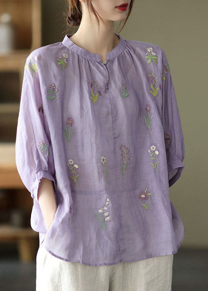 French Orange Low High Design O-neck Embroidered Linen Tops Half Sleeve