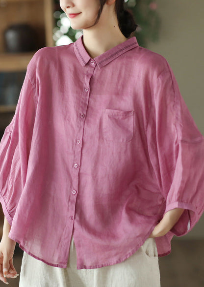 Organic Rose Patchwork Button Ramie Top Long Sleeve