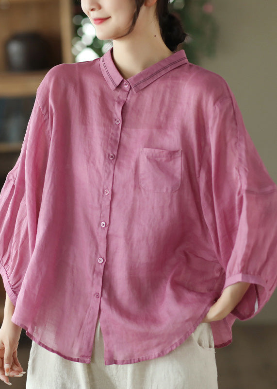 Organic Rose Patchwork Button Ramie Top Long Sleeve