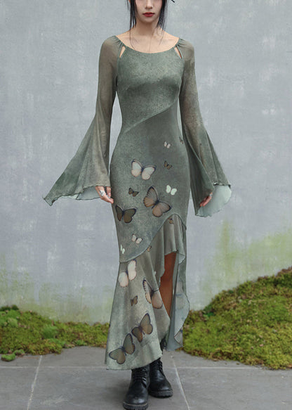Original Design Green O-neck Butterfly Tulle Maxi Dresses Flare Sleeve