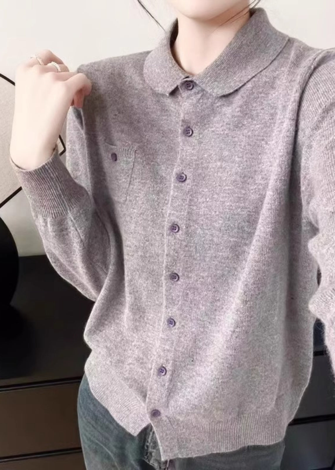 Handmade White Peter Pan Collar Pockets Cotton Knitted Cardigans Fall