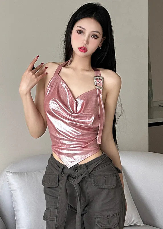 Silver Hanging Neck Style Suspender Shiny Pleated Short Top