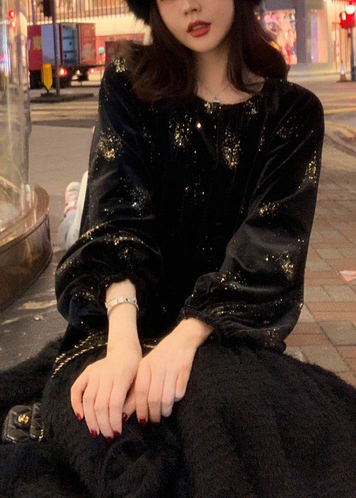 Organic Black O-neck Patchwork Sequins Silk Velvet Maxi Dress Fall