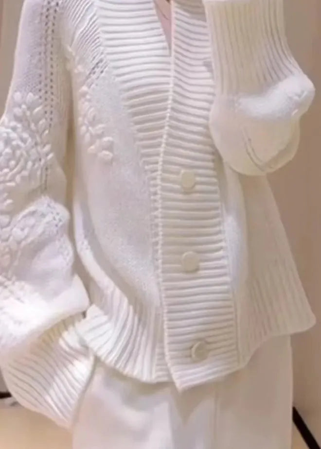 Italian White V Neck Button Knit Cardigans Fall