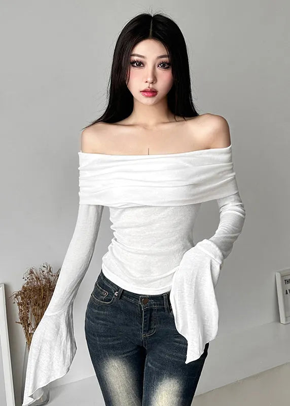 Style Black Cold Shoulder Cotton Blouse Top Long Sleeve