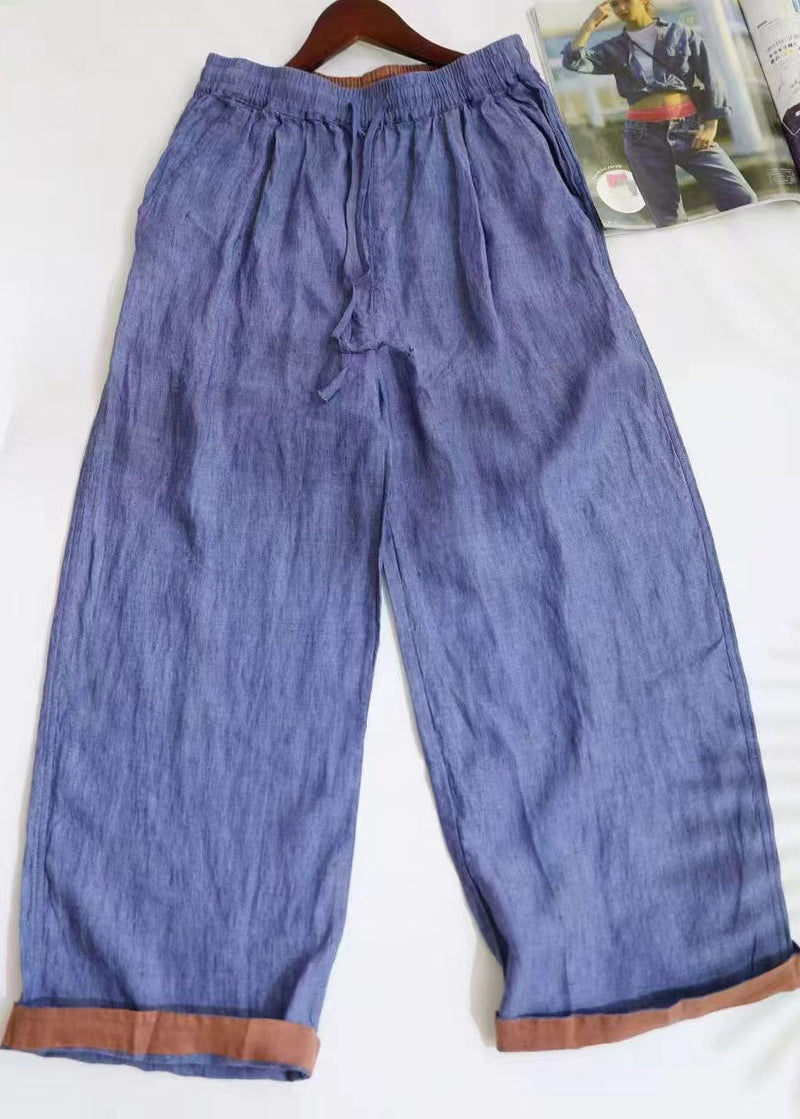 Blue Oversized Linen Straight Pants Summer