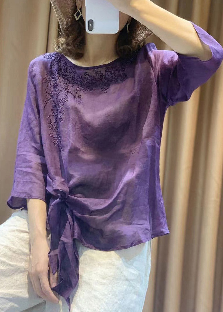 Novelty Purple O-neck Embroidered Tie Waist Linen Top Long Sleeve