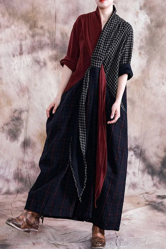 -fall Retro Cotton Linen Dress Stitching Robe Dress