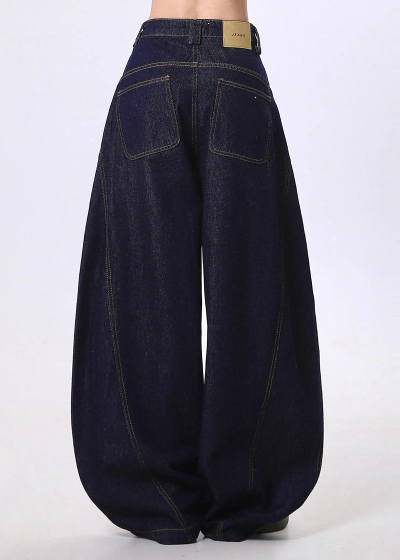 Navy Letter Print Denim Wide Leg Pants Spring