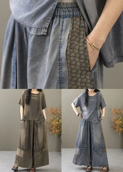 New Blue Pockets T Shirt and Wide Leg Pants Denim Two Pieces Set Summer