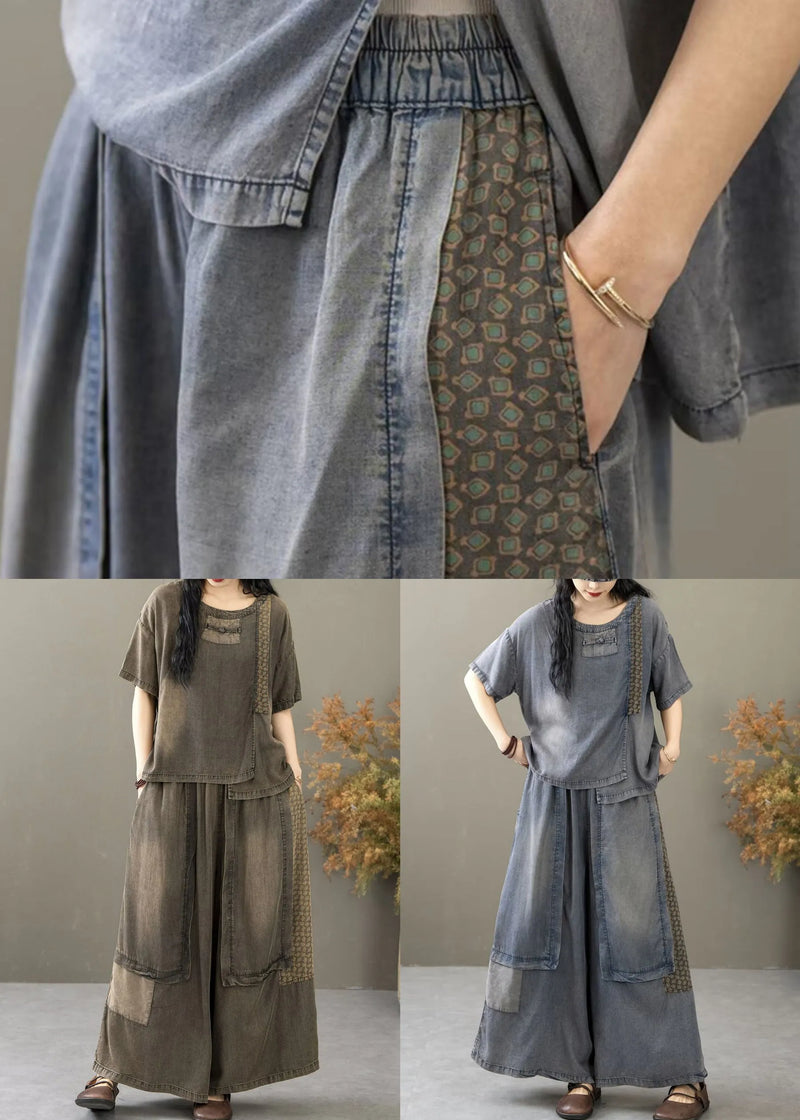 New Blue Pockets T Shirt and Wide Leg Pants Denim Two Pieces Set Summer