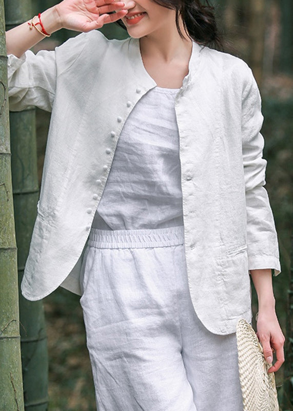 White O-neck Button Coats Long Sleeve