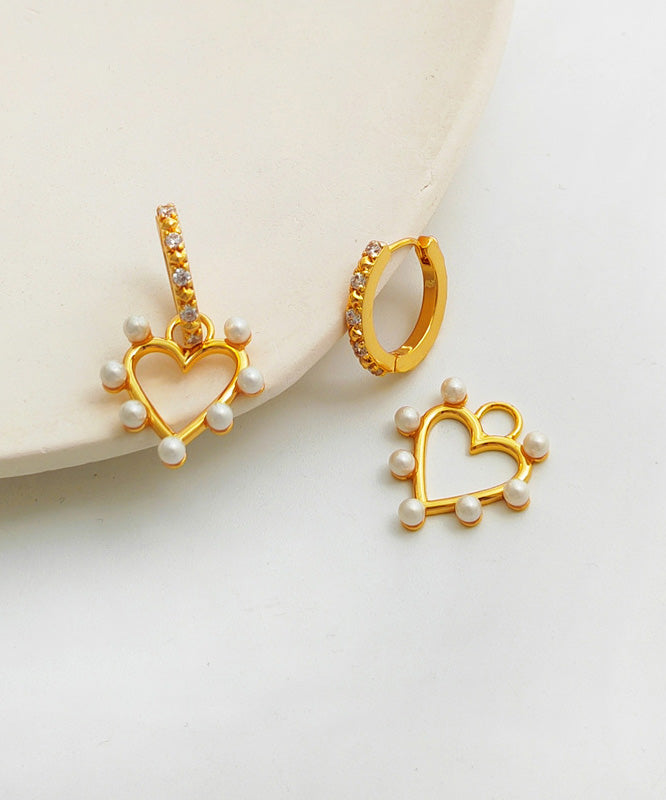 Gold Copper Overgild Inlaid Zircon Pearl Heart Hoop Earrings