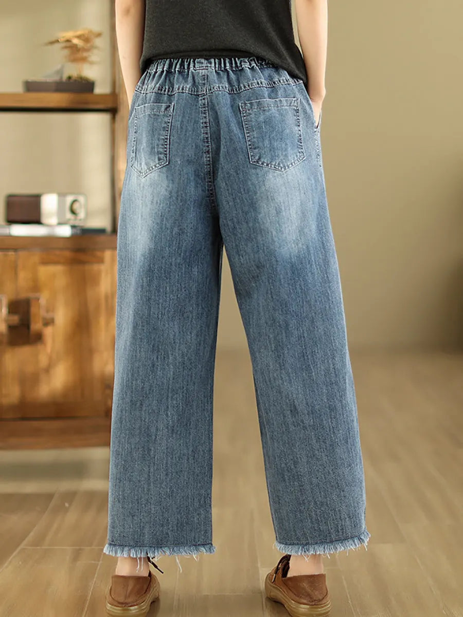 Summer Retro Embroidery Frayed Straight Denim Pants
