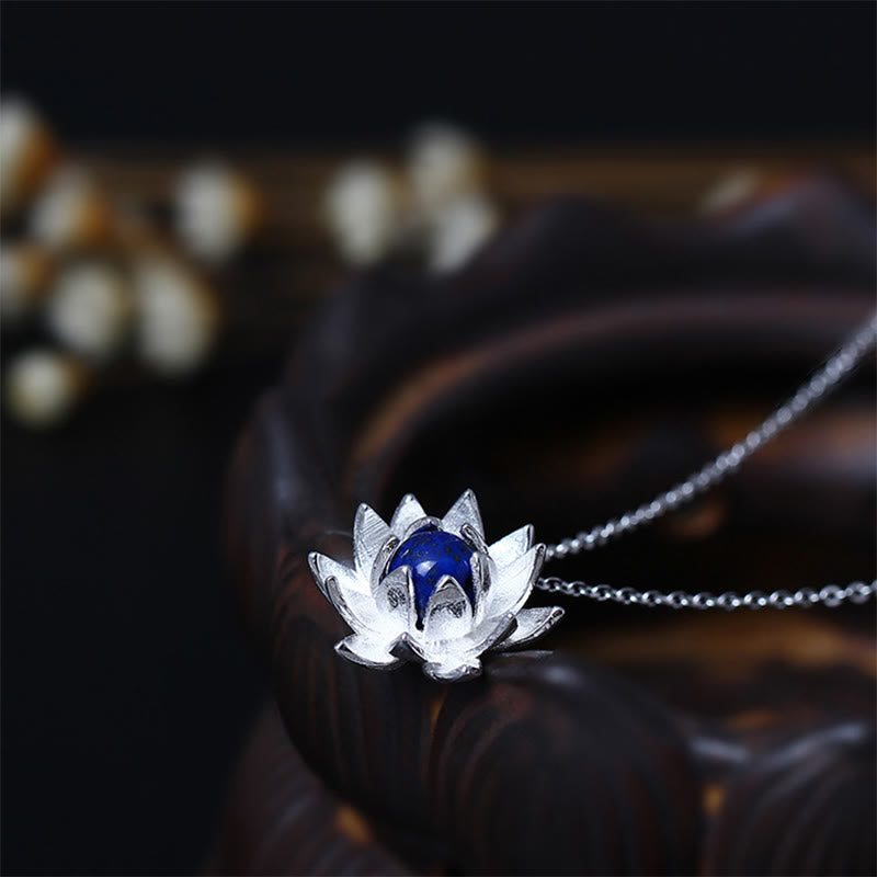 Buddha Stones 925 Sterling Silver Lazurite Lapis Lazuli Lotus Flower Self Care Necklace Pendant