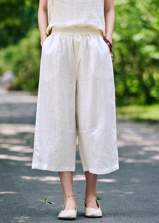 Simple White Pockets Elastic Waist Linen Crop Pants Summer