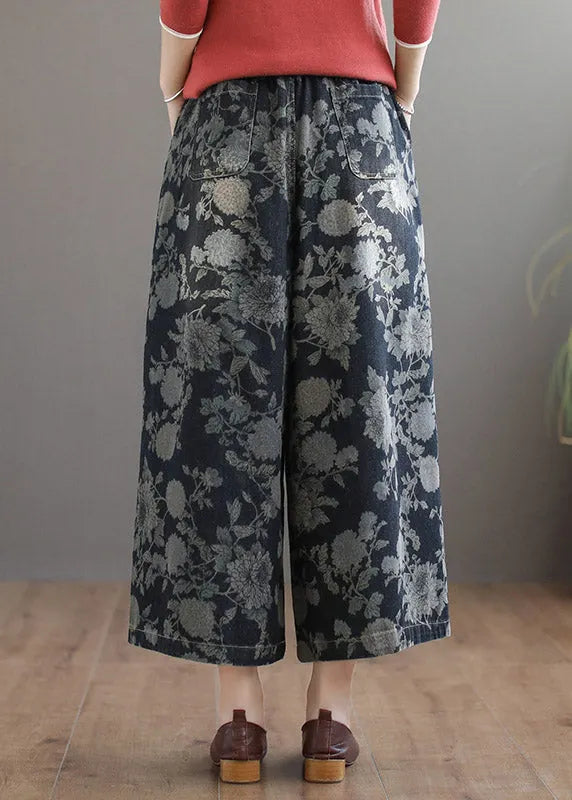 Handmade Print Elastic Waist Tie Waist Cotton Wide Leg Pants Summer