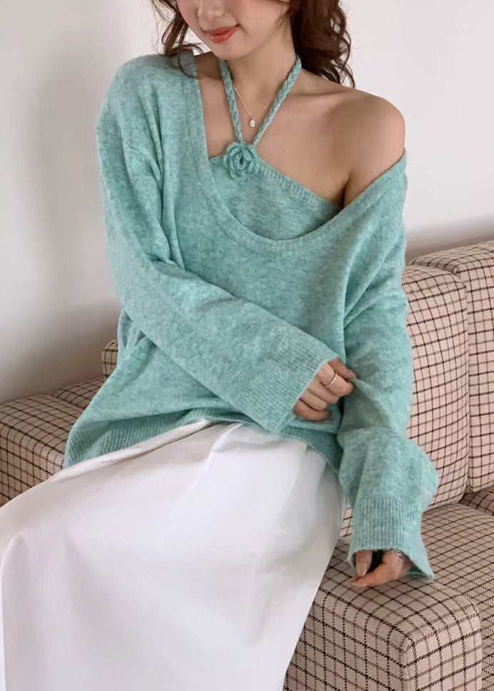 Boutique Blue U Neck Knit Sweaters Two Piece Set Winter