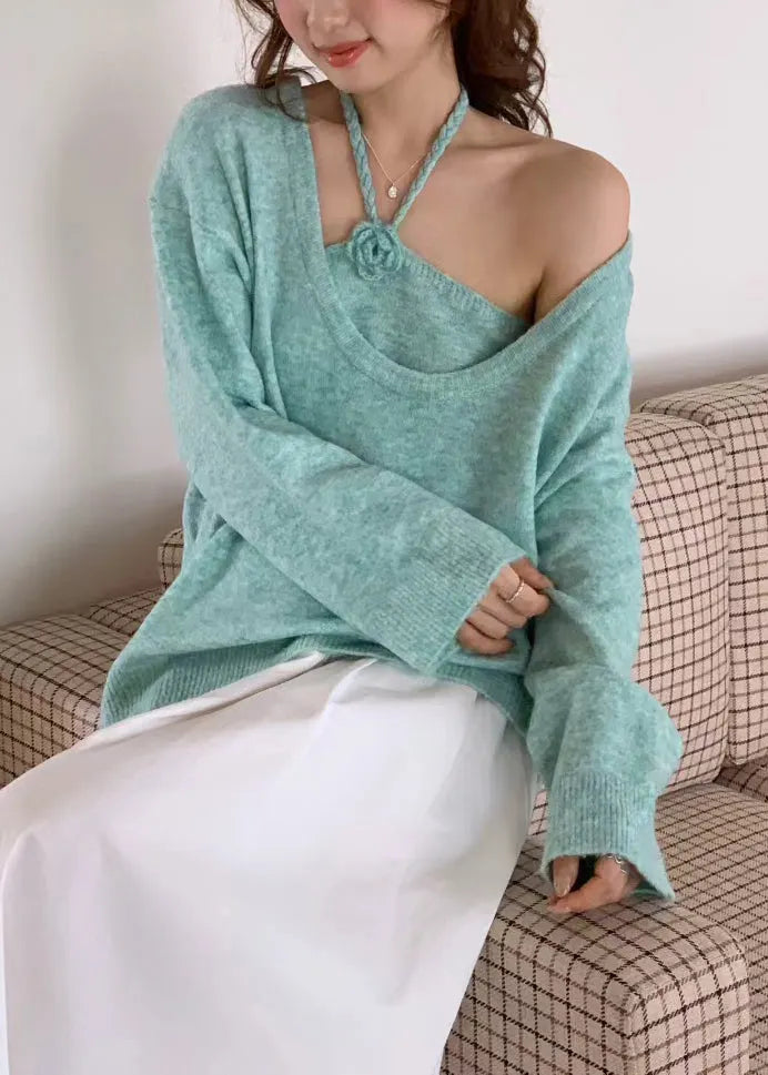 Boutique Blue U Neck Knit Sweaters Two Piece Set Winter