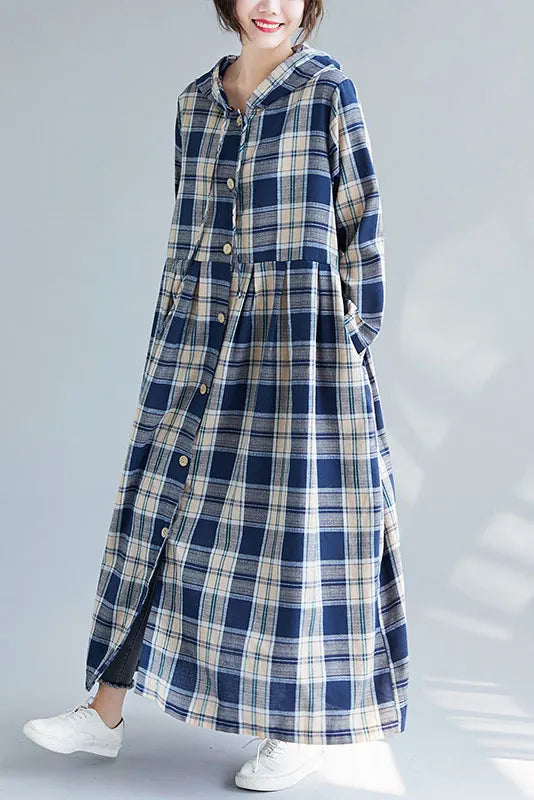 Cotton Linen Plaid Dress Hooded Cardigan