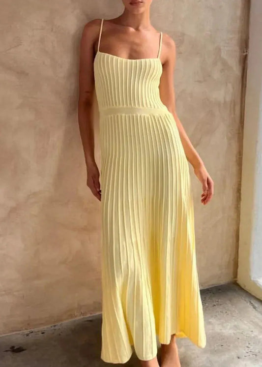 Yellow Knitted Pleated Spaghetti Strap Dress Summer