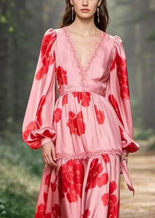 Pink Ruffled Print Chiffon Long Dress Spring
