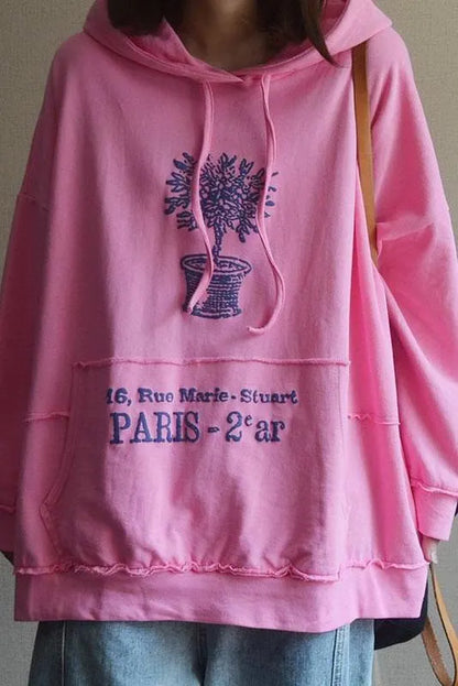 Plant Print 100% Cotton Hooded Spring Sweatshirt