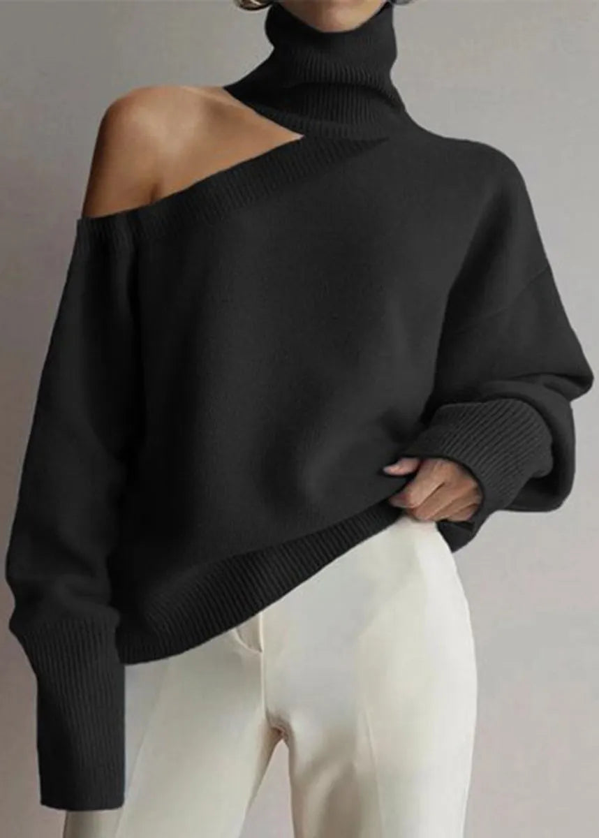 Khaki Hign Neck Cold Shoulder Knit Sweater Fall