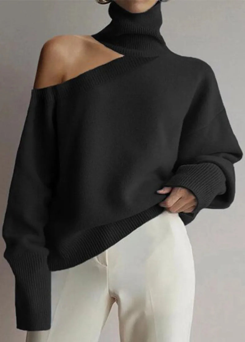 Khaki Hign Neck Cold Shoulder Knit Sweater Fall