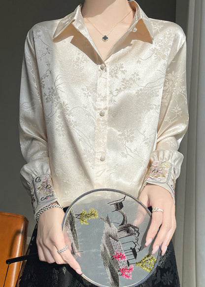 Loose Beige Embroidered Button Silk Shirt Fall